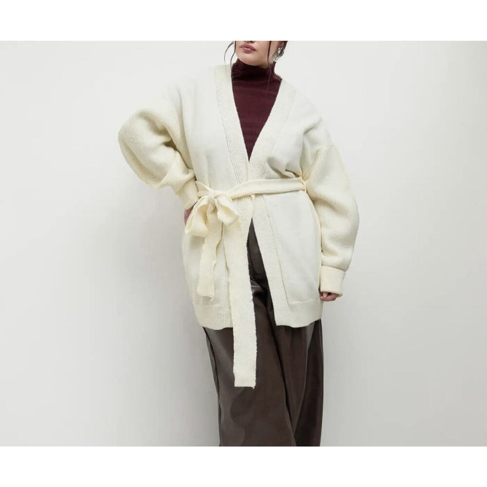 Cider KNIT V-NECK OVERSIZED Wool blend CARDIGAN WITH BELT Ivory Sz. 1XL NWT